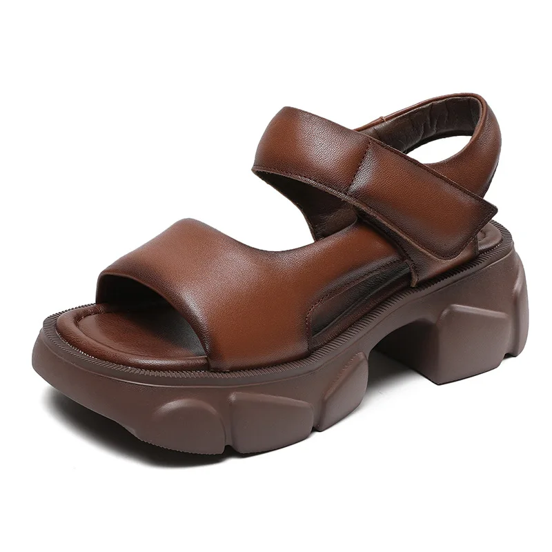 

6CM Top Layer Cowhide Square Head Open Toe Sandals Platform Elevator Shoes High Heel Sandals 2025 Summer Women Sandals Tide