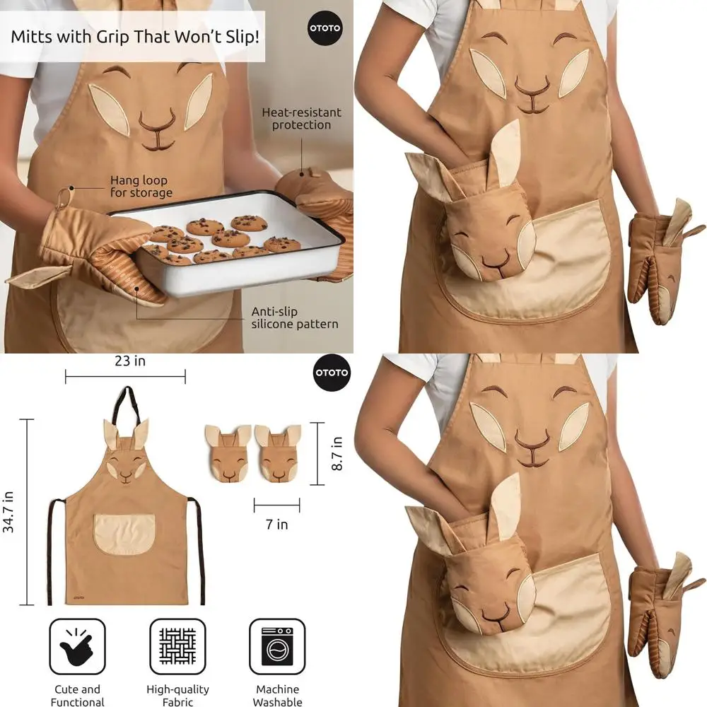 

Cute Kangaroo Oven Mitts & Chef Apron Set with Pockets, Perfect Cooking Gift, Brown Aproo Kitchen Accessories