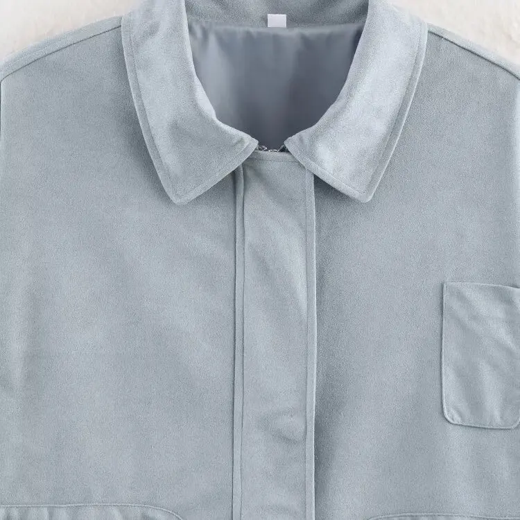 Faionable Cappotto ort in pelle scamosciata allentata con risvolto in puro colore retrò per donna Autunno New Sle JNLEAOG Poliestere lungo con cerniera