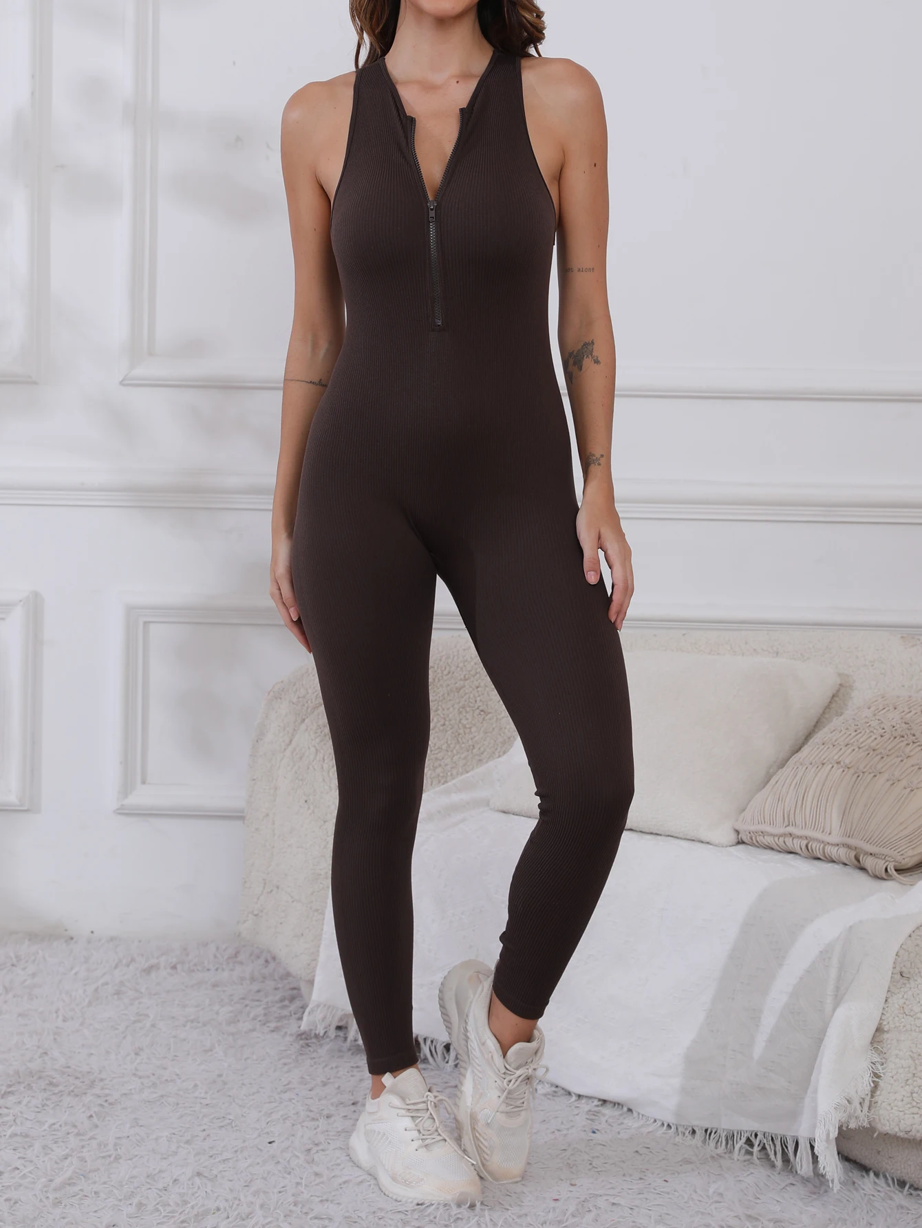 

Women Ribbed Sleeveless Yoga Jumpsuit Front Zipper Halter Neck One Piece Bodysuit High Stretch Tight Gym Fitness Workout Romper