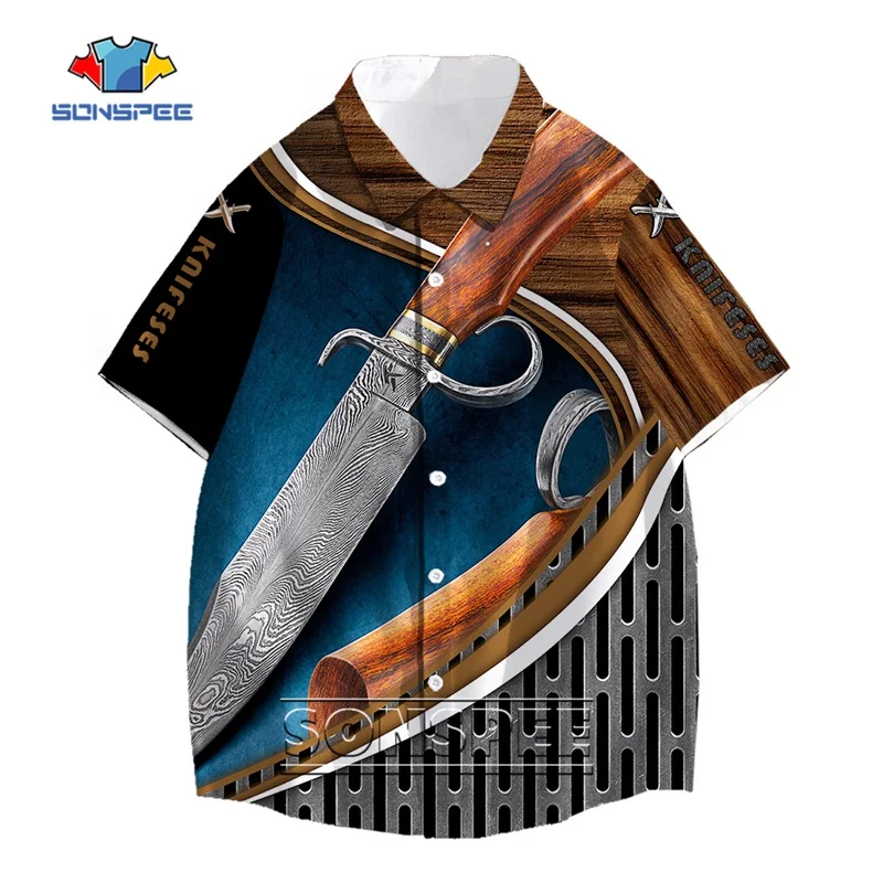 SONSPEE Summer 3D Print Dagger Shirt Pocket Knife Oversized Shirts Short Sleeve Fashion Shirts Men's Turn-down Collar Tops