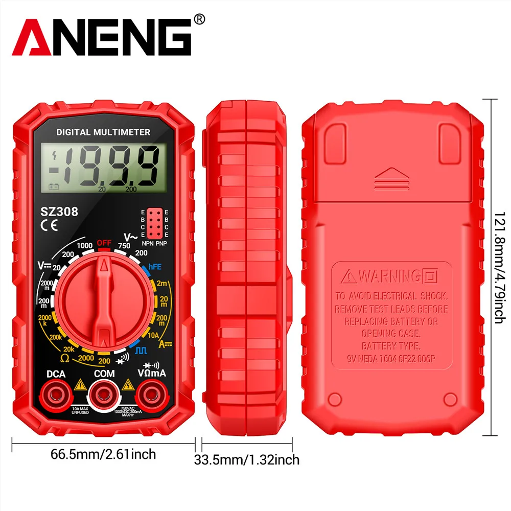 ANENG SZ308 Blokgolf Digitale Tester 1999 Telt HFE Triode Zoemer Multimeter AC/DC Spanning 10A Stroom Multimeters Meter Tool