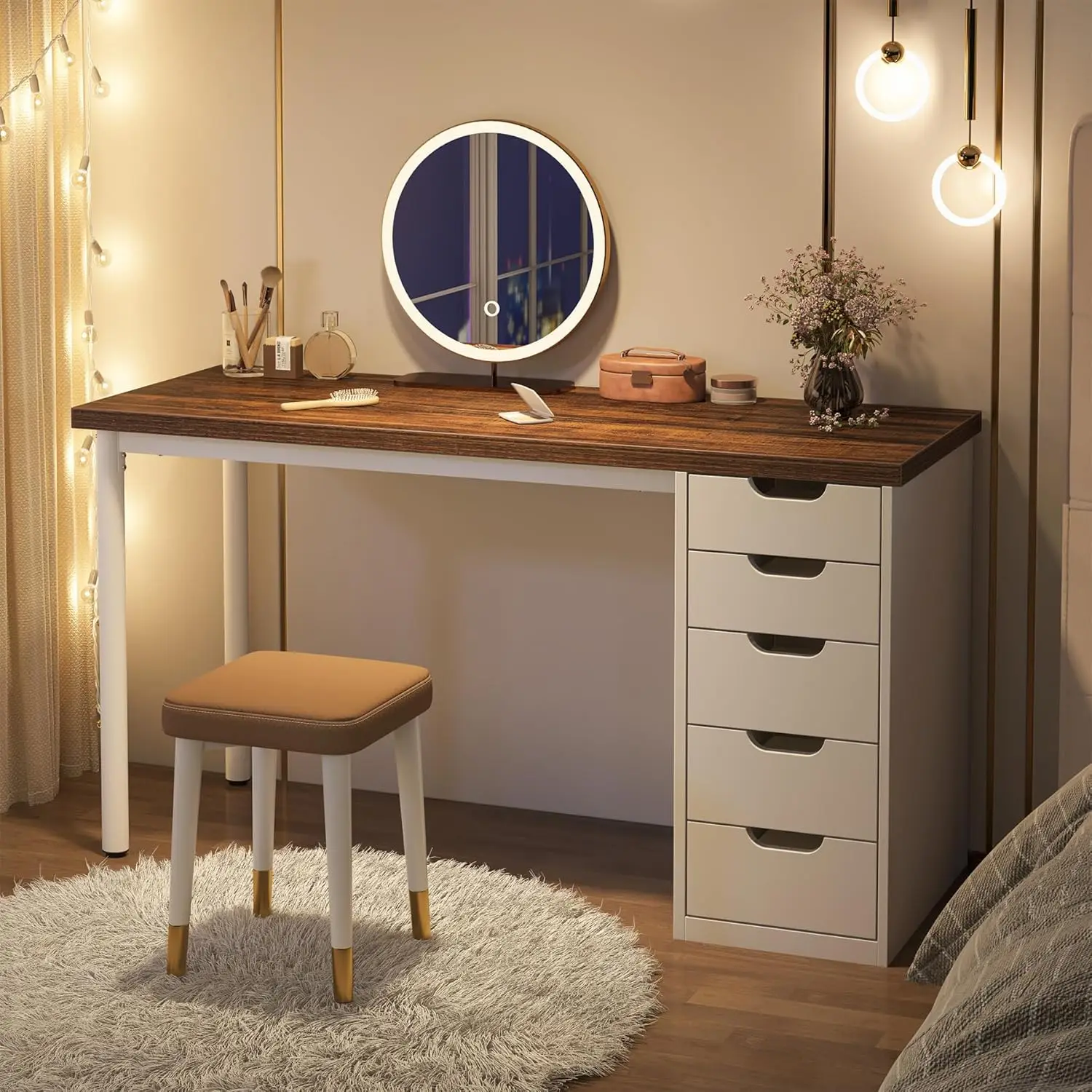 tr- inches Vanity Desk with 5 Drawers, Rustic Brown Makeup Vanity Table Dressing Table with Storage, Modern Simple, Customized-