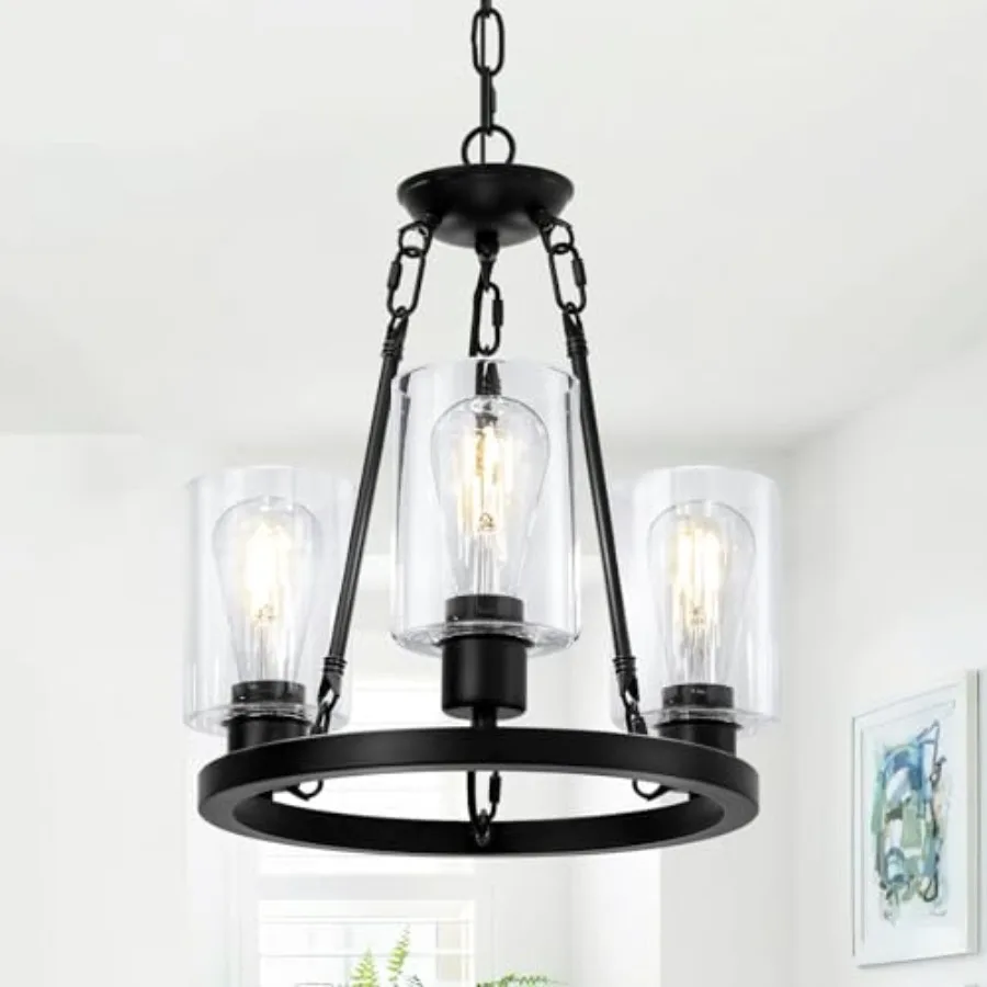 Modern Farmhouse Chandeliers for Dining Room, Wagon Wheel Black Chandelier, Adjustable Height Hanging Pendant Lights for Kitche