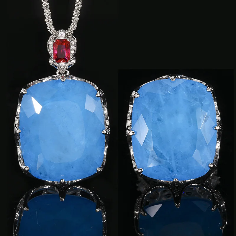 

Large Cushion Cut Blue Stone Necklace Adjustable Ring Red Accent Statement Jewelry for Women Big Blue Gem Cocktail Party Gift