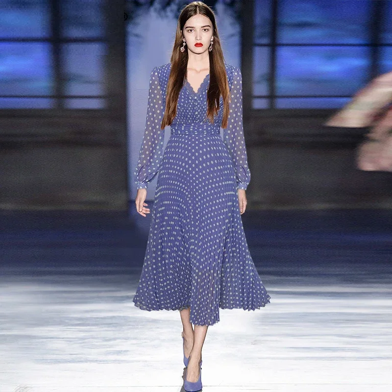 

2023 New Fashion Designer Spring Women's Long Sleeve V-Neck Dot Print High Quality Pleated Dresses
