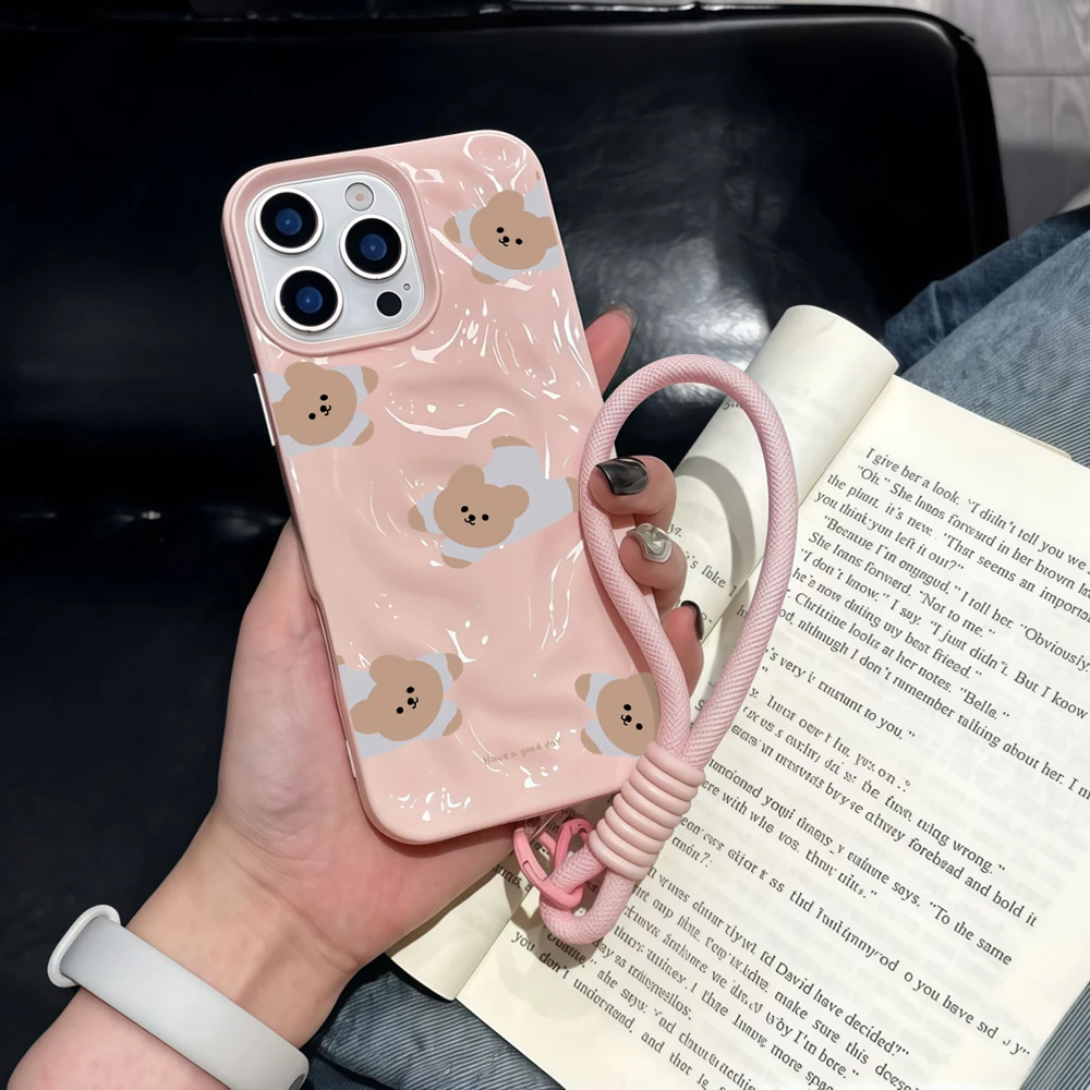 Modisches Bärenmuster Falten-Silikon-Handyhülle für iPhone 17 15 13 11 12 14 16 17 Pro Max 14 Plus Air mit Lanyard Niedliche Hülle – Detail 3