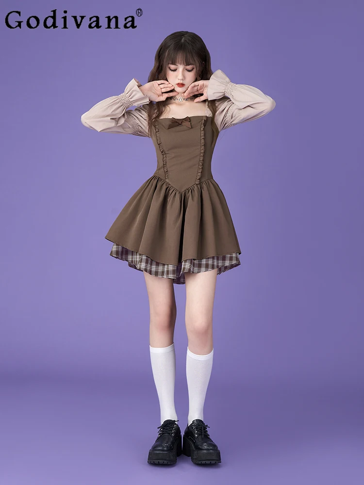 

2025 New Ruffles Bow Sweet Long Puff Sleeve Slim Brown Short Dress Elegant Girls Square Neck Long Sleeve High Waist Cake Dresses