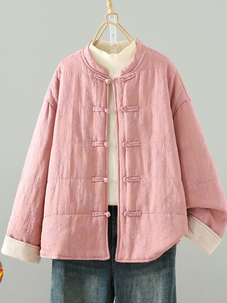 

Утепленная хлопковая куртка в китайском ретро-стиле с вышивкой, на пуговицах, женская зимняя, в стиле дзен, на пуговицах, с длинными рукавами, воротником-стойкой