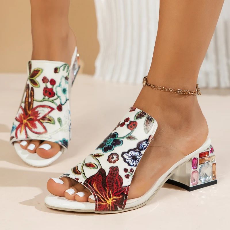 Zapatillas de piel auténtica con estampado Floral para mujer, sandalias elegantes de tacón alto, para exteriores, 2024