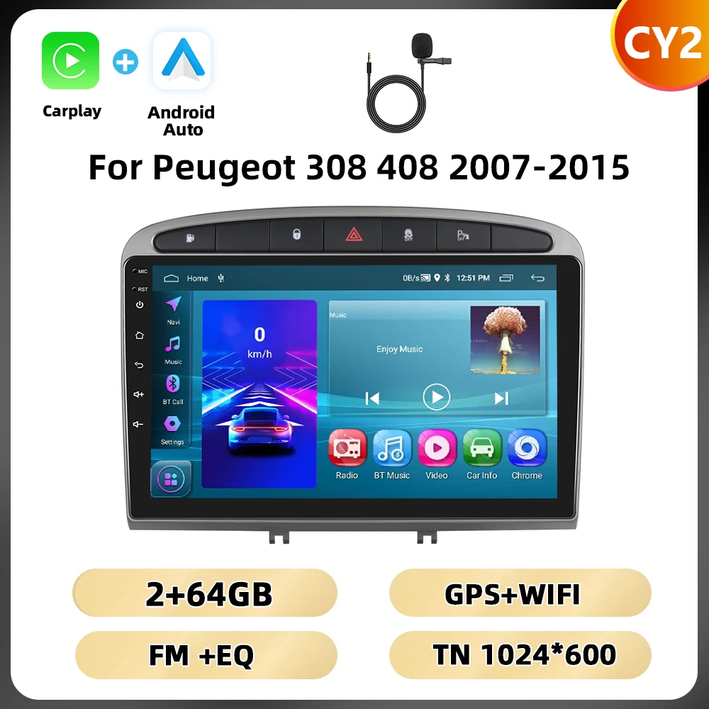 Podofo 2Din 9 ''Autoradio Voor Peugeot 308 408 2007-2015 Multimedia Speler Android Auto Carplay WIFI 4G GPS AI Voice Auto Audio