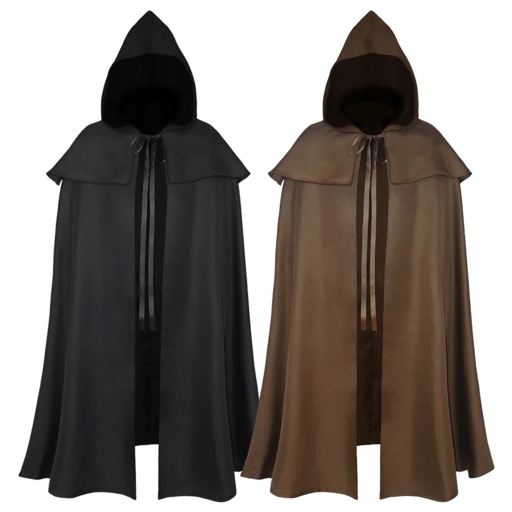 Medievale Hobbit Cosplay mantello con cappuccio Costume per uomo donna cappotto Vintage gotico mantello lungo Trench Halloween mago mantello