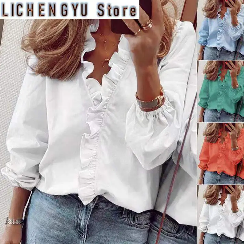 

New Blusas Elegant Ruffle Women Shirt Blouses V Neck Long Sleeve Casual Loose Tops Tunic White Shirt for Women Fashion Female