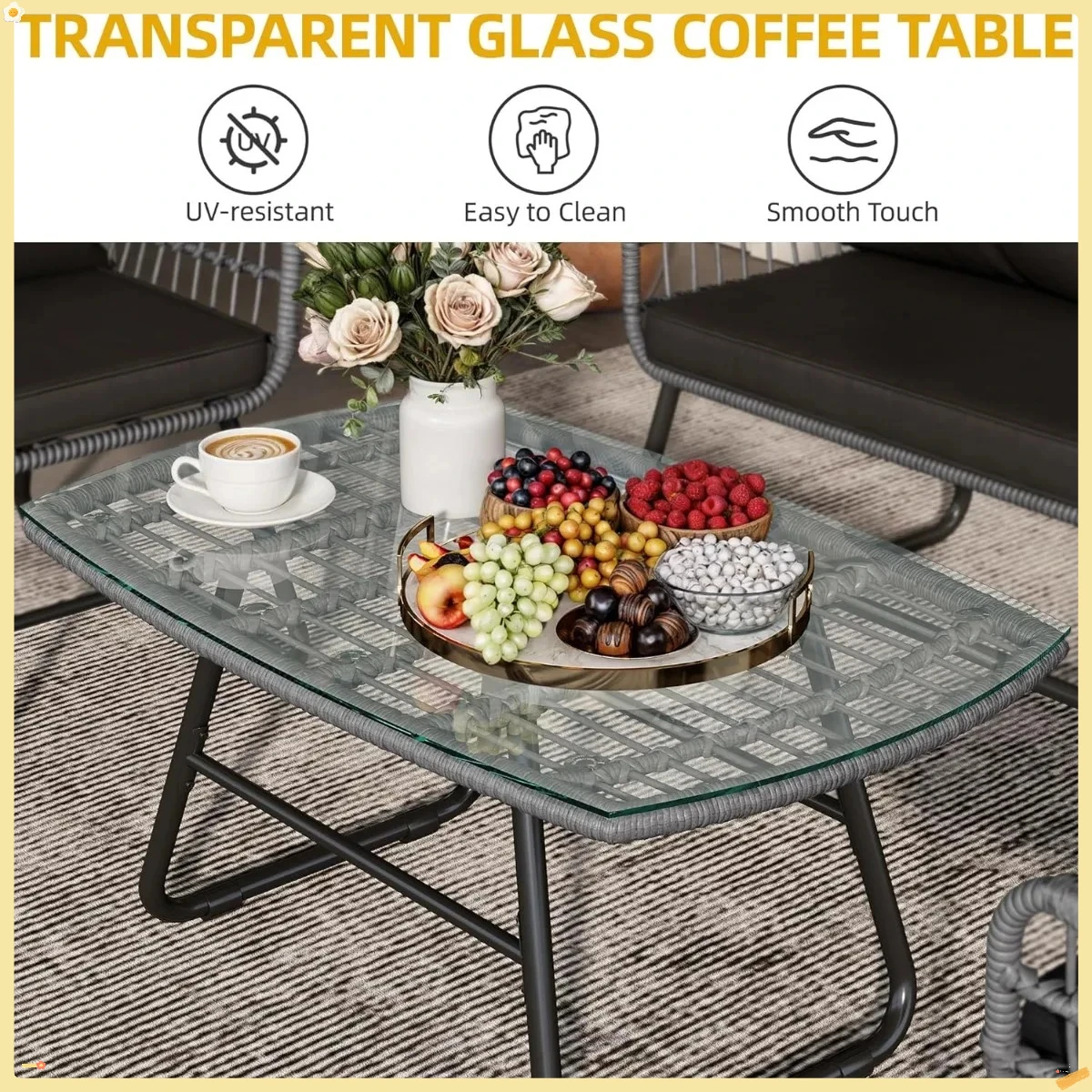 Set di mobili da giardino per esterni da 4 pezzi, set da conversazione in rattan di vimini PE per tutte le stagioni con morbidi cuscini e tavolo in metallo