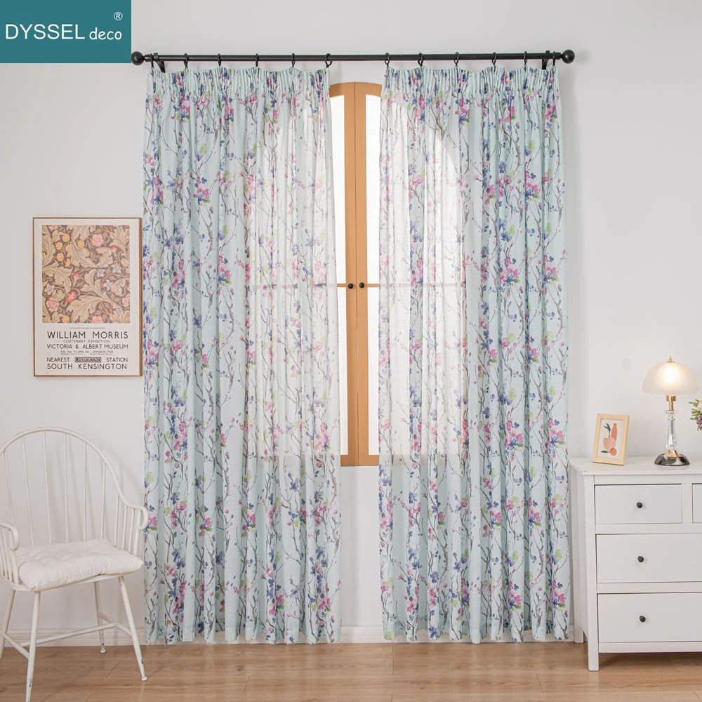 Elegant Printing Flor Linen Solid Home Linen White Sheer European Style Window Curtains for Living Room Bedroom