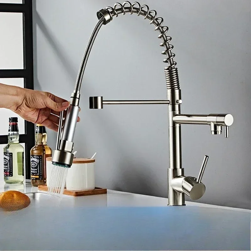 for kitchen pull down faucet stainless steel spring mixer tap hot and cold water vegetable sink valve modern design durable