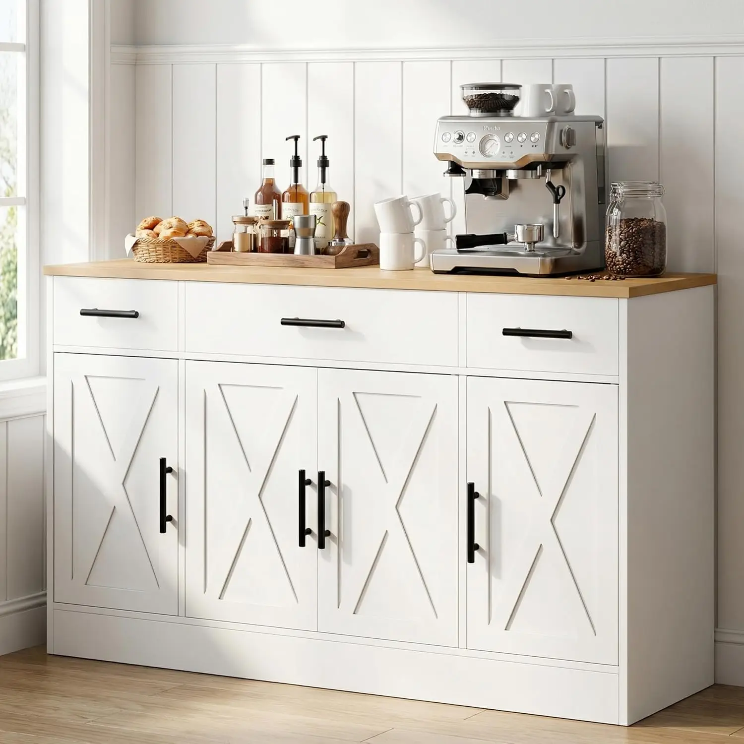 Coffee Bar Cabinet with Storage, Farmhouse Buffet Cabinet with 4 Doors & Adjustable Shelves, Kitchen Sideboard,Customized