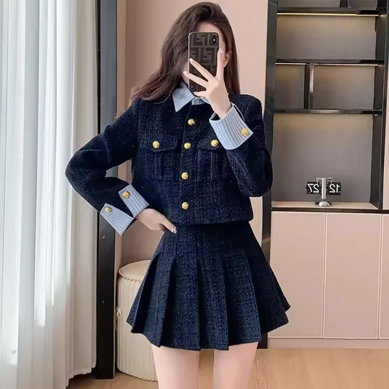 Koreanische High-End-Kleine Duft Stil Woolen Rock Set frauen Herbst Winter Verdicken Plissiert Kurzen Rock Zwei-stück Set