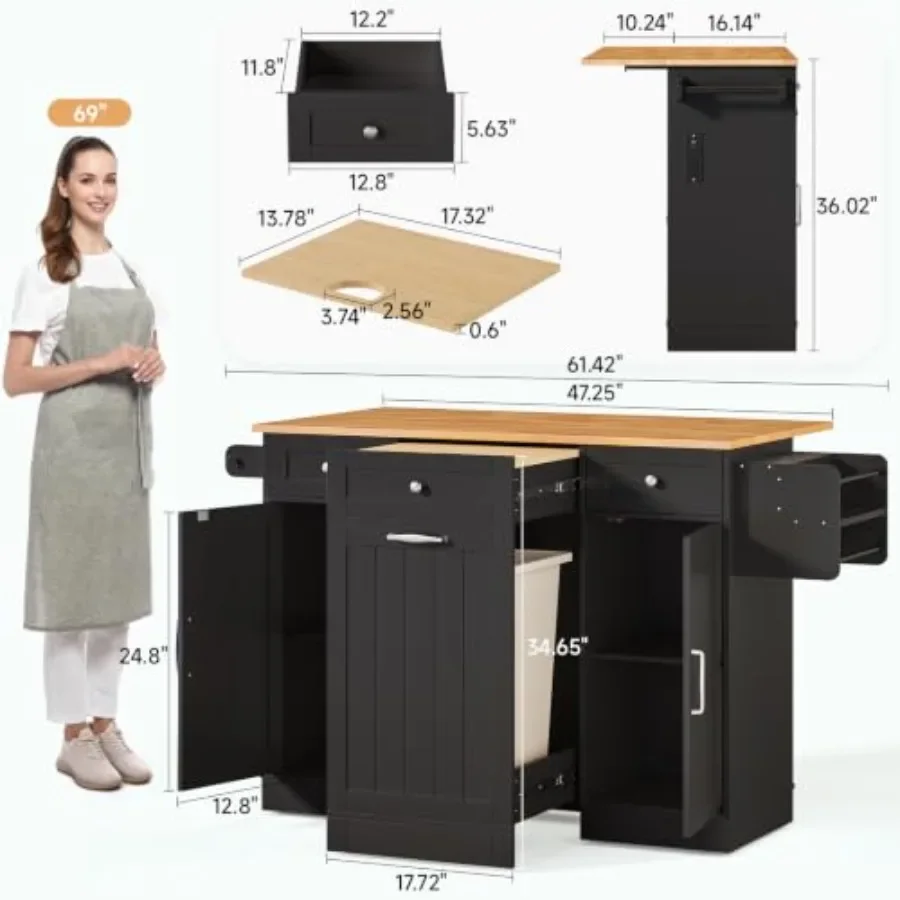 Kitchen Islands with Movable Wood Cutting Board Trash Can for Home Use, Solid Wood, Natural Finish, Space-Saving and Multi-Func