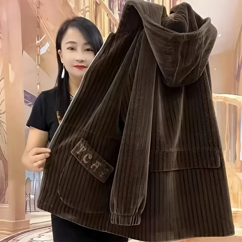 

Chic Quilted Corduroy Jaet Women's Loose Fit Autumn Winter Outerwear with Hood plus Size Mom Faion Trendy Long Sve