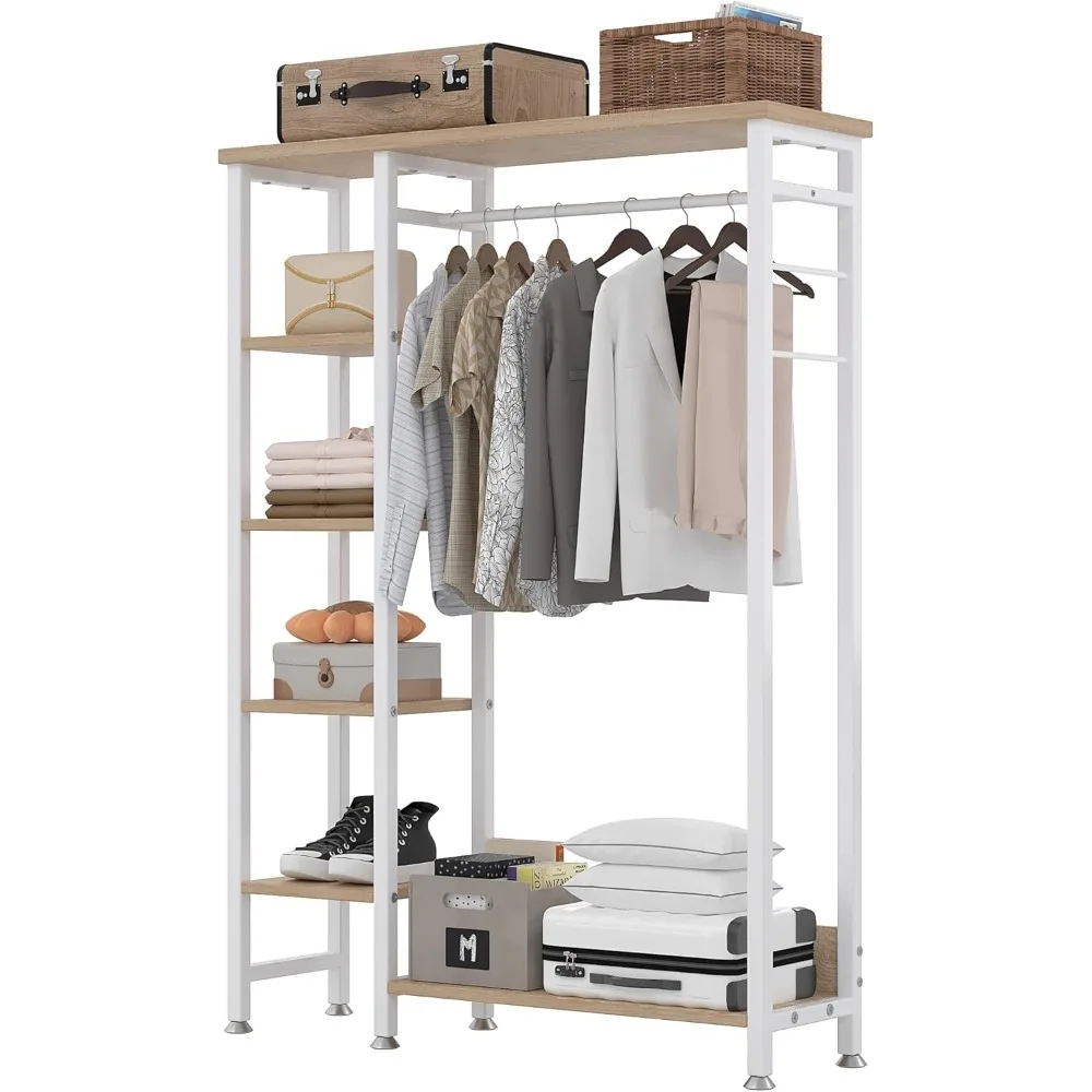 

Open Garment Clothing Rack, Free-Standing Heavy Duty Storage Closet with 5 Shelves and Hanging Rod for Small Spaces, Max Load 3