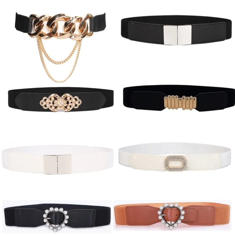 Fashion Women Waistbands for Dress New Lovely Pearl Heart Rhinestone Buckle Bright Metal Design Elastic Cummerbunds Girls Gifts