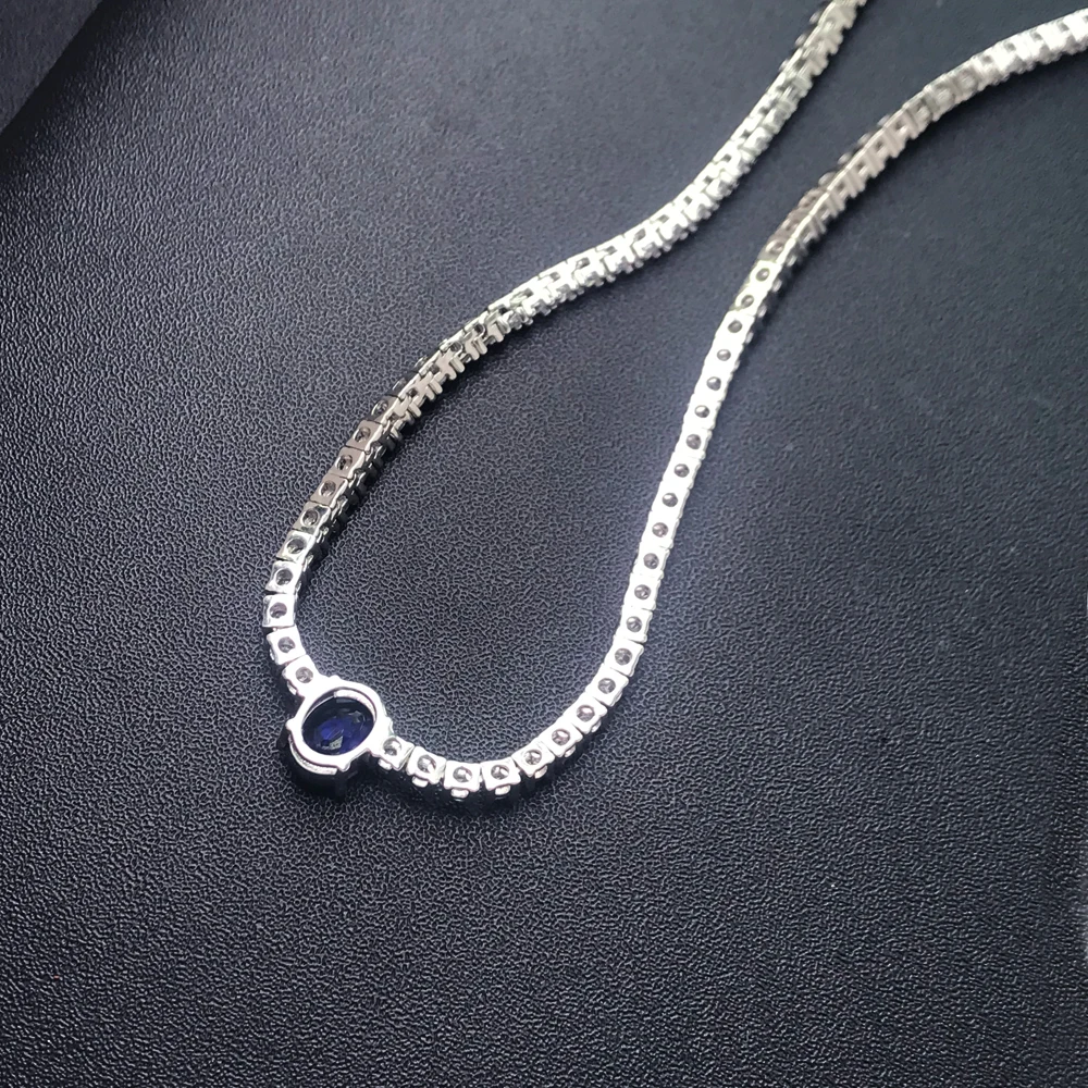 CSJ Real 925 Sterling Silver Tennis Chain Necklace 16/18 Inch Setting Pave Sparkly Zircon 2mm Sapphire for Women Jewelry Gift