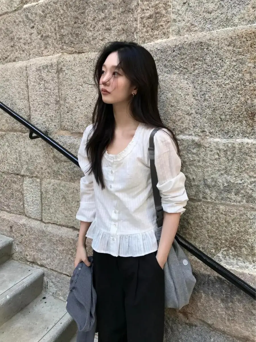 

Qui very Dongda Gate Texture round Ne Women's irt Gathered Waist Long Sve French Sle Cotton irt No Brand Reg...