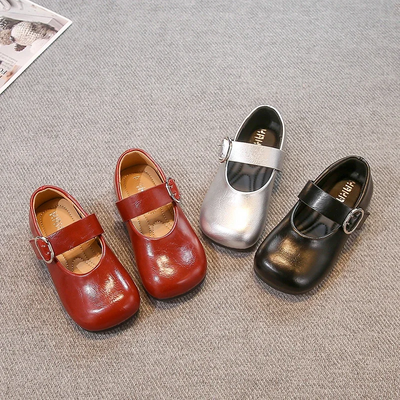 

2025 Autumn New Kids MaryJanes Black Soild Color Versatile Girls Leather Shoes Round Toes Children Flat Shoes Non-slip Elegant