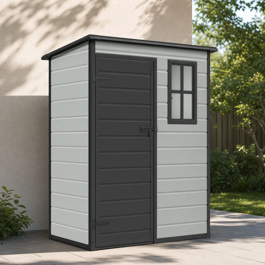 5x3 FT Outdoor Storage Shed with Floor, All-Weather Resin Storage Shed with Lockable Door & Window, Waterproof Plastic Tool