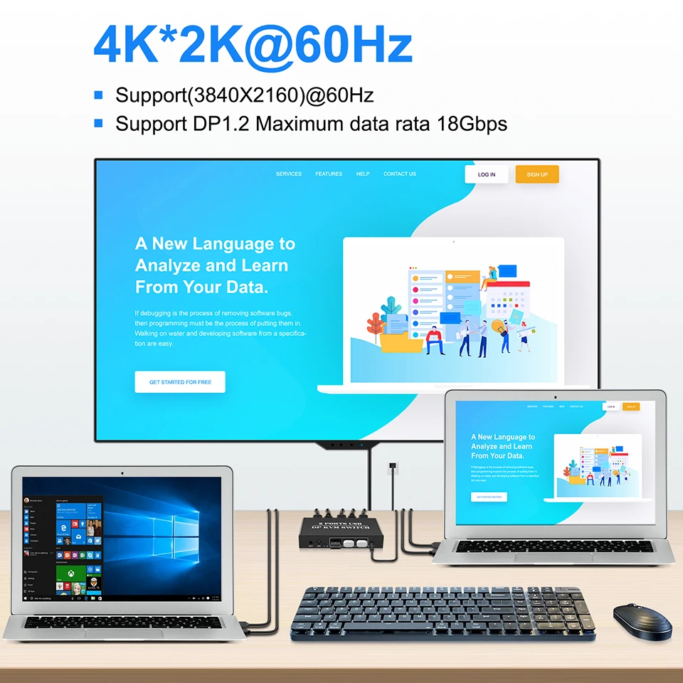Коммутатор DP KVM, 2 порта, 8K при 30 Гц, 4K при 60 Гц, коммутатор Displayport1.2, 2 входа, 1 выход с 3 портами USB2.0 для 2 ПК, ноутбука, Share, клавиатуры, мыши
