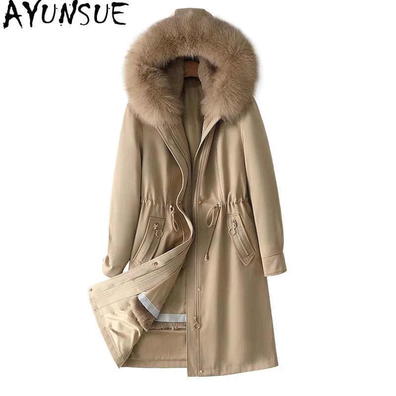 

AYUNSUE Real Fur Parka Womens Clothing 2023 Autumn Winter High Quality Rabbit Fur Liner Warm Coats and Jackets Fox Fur Collar