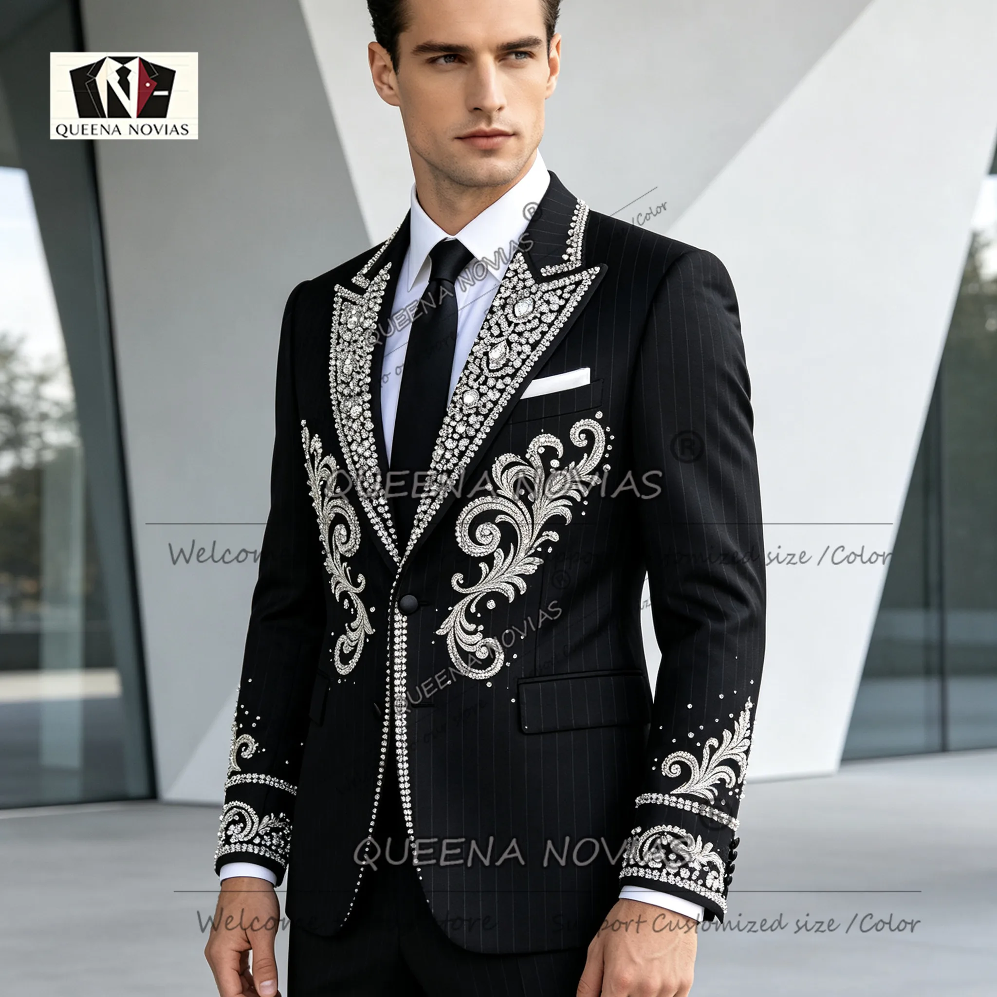 Luxury Vertical Striped Suits Men For Wedding Beadwork Crystals Jacket Pants 2 Pieces Sets Groom Tuxedo Attires Ropa Hombre 2027