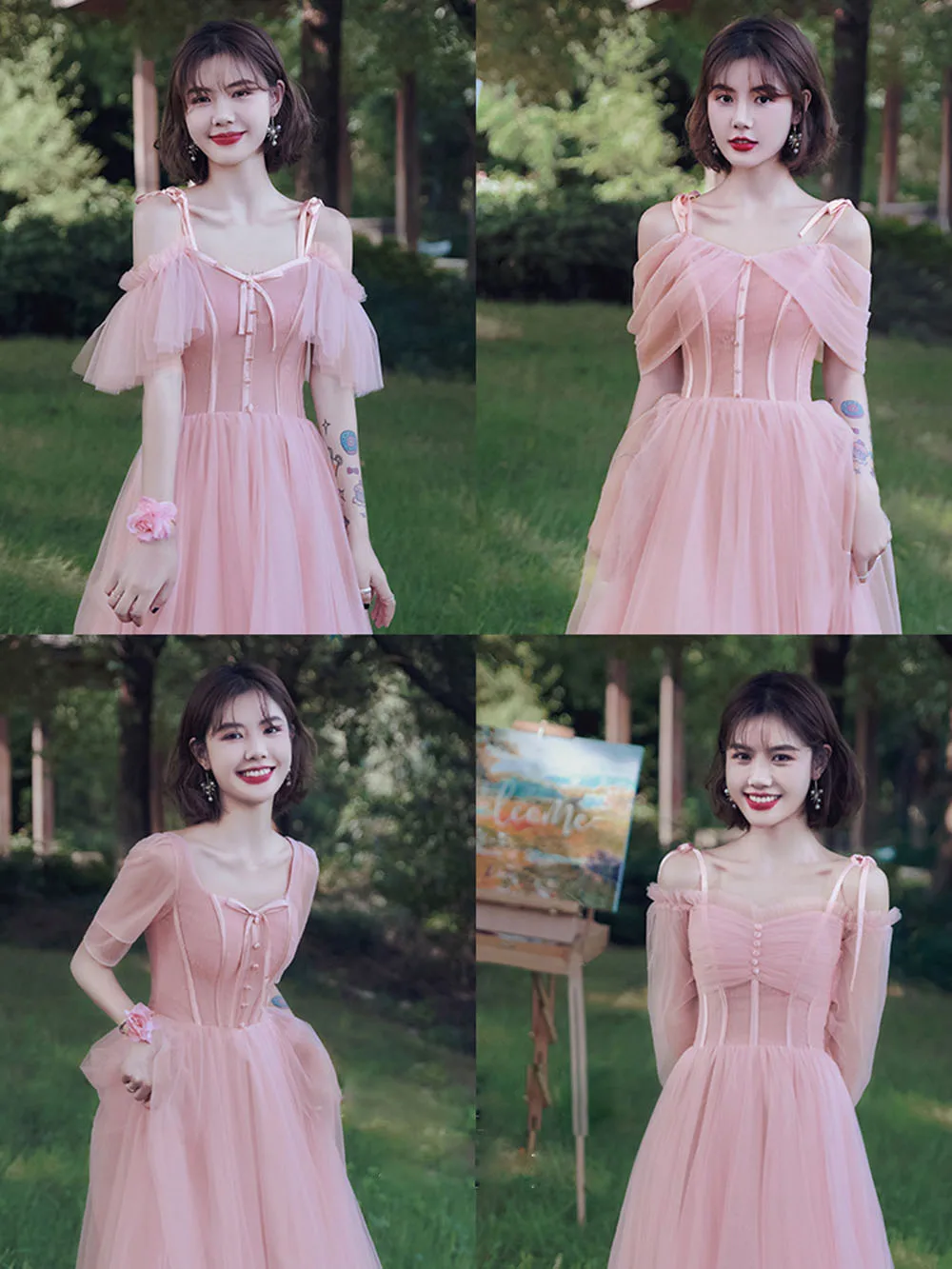 Elegant 4 Styles Pink Bridesmaid Dress Women's Slim Fit Off The Shoulder Strap Dress Single Breasted Design Long Lace Up Vestido