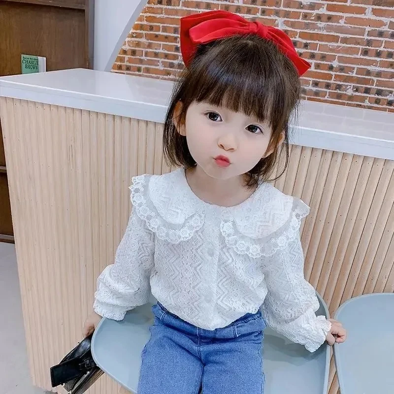 kids Girls Shirt 2023 Spring New Children\'s White Shirt Girl Baby Lapel Fashion Top Bottom Shirt Children\'s Clothing