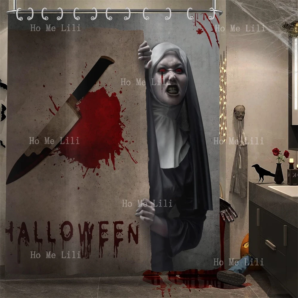 Halloween Horror Ghost Themed Bloody Nun Bathroom Decorated With Waterproof Fabric Shower Curtain