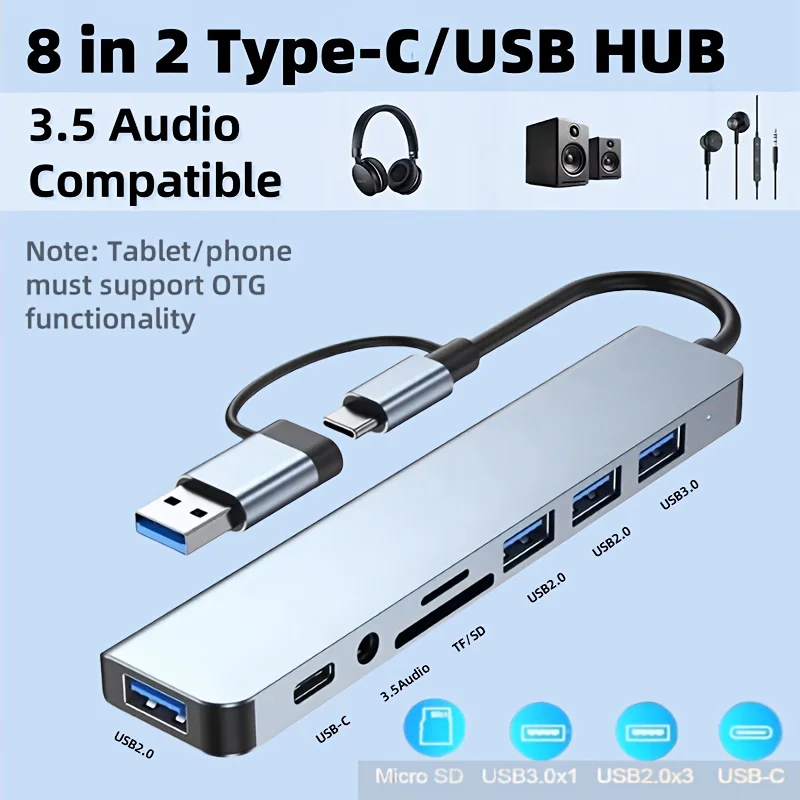 8-in-2 USB-C & USB-A Hub, Multi-Port Adapter with 3.5mm Audio Jack, USB 3.0, TF/SD Card Readers, for Laptops, MacBooks, and Tablets