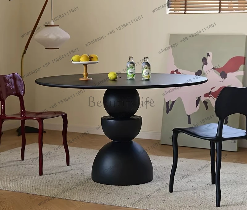 French cream dining table, ancient style simple balcony, outdoor half-moon round line carved round table