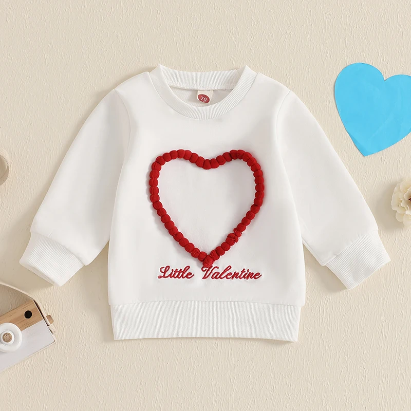 Toddler Valentines Day Sweatshirt Heart Letter Embroidery Crew Neck Long Sleeve Pullover Tops Casual Streetwear for Boys Girls