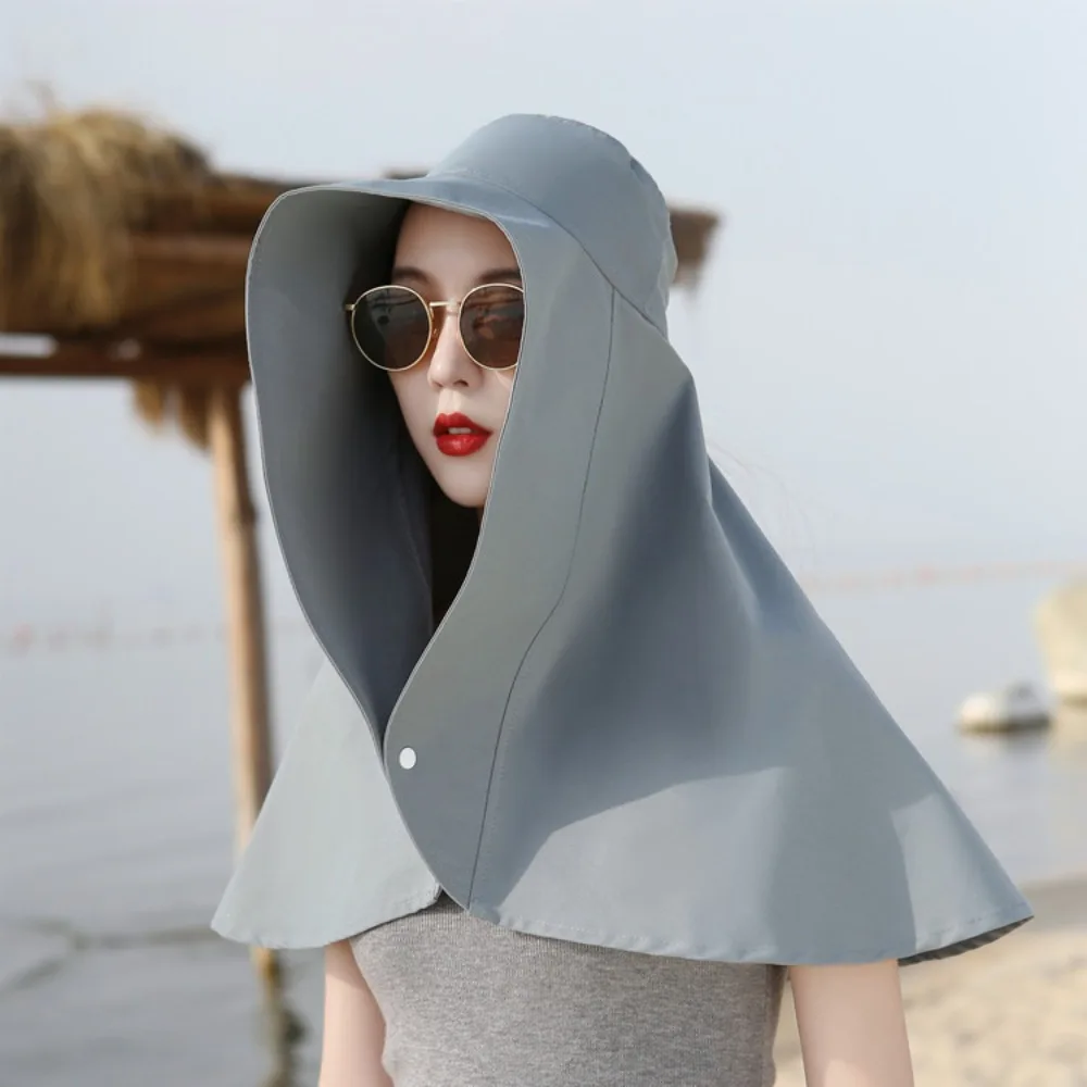 New Large Brim Sun Hat Anti-UV With Snap Button Sun Protection Cap Neck Guard Shawl Face-covering Bucket Hat Beach