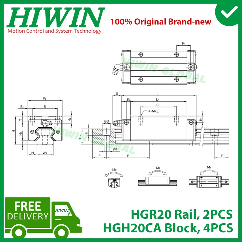 Original HIWIN Linear Guide HGR20 200 300 400 500 600 700 800 900 1000 1100 1200 1500mm Rail HGH20CA Carriage Slide CNC Router