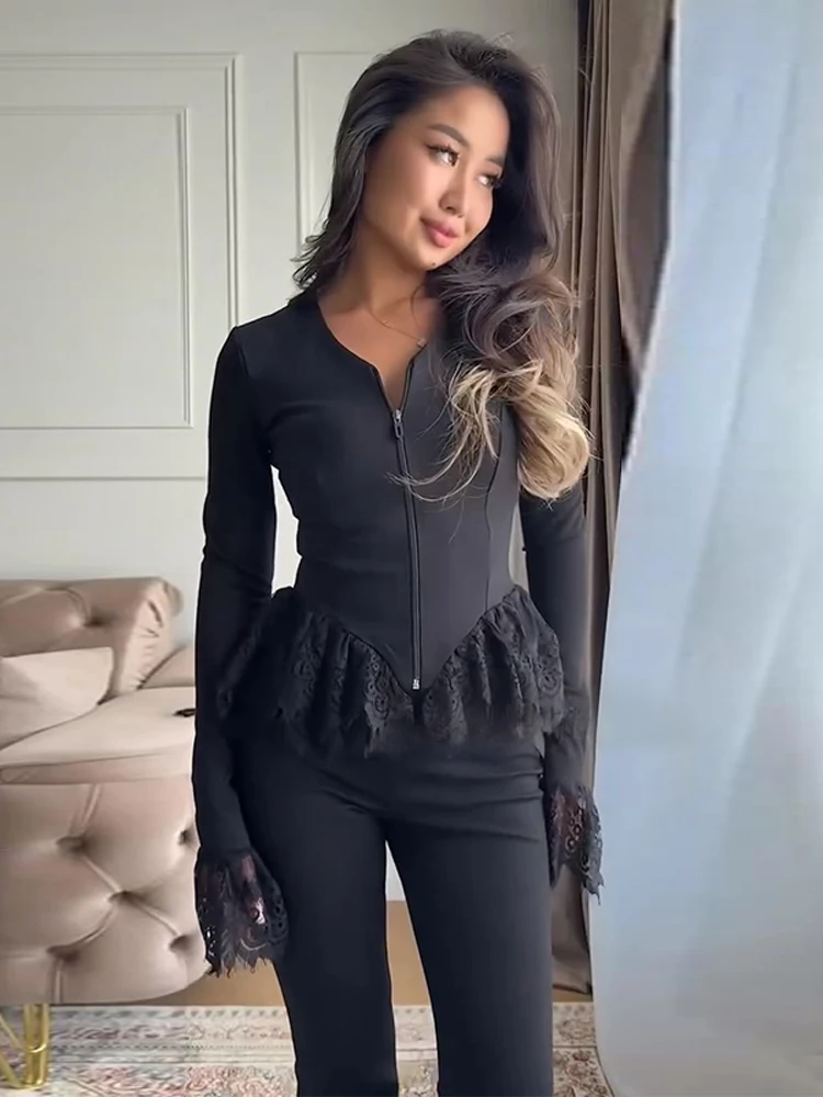 Fashion Cascading Ruffle Women Top Elegant Patchwork Long Sleeve Zippers Female Blouse 2026 Summer Autumn Slim Lady Clothes New