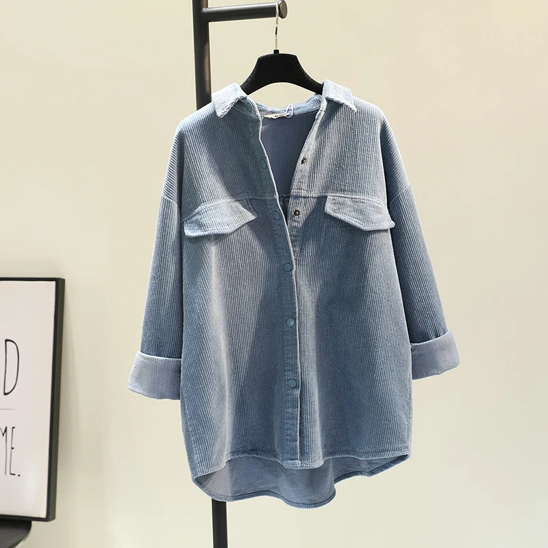 قميص نسائي من قماش الكوردروي السميك من دونغدايمون، فضفاض، ياقة بولو، أكمام طويلة، طول متوسط، نمط كوري، لون واحد، مناسب للخريف...
