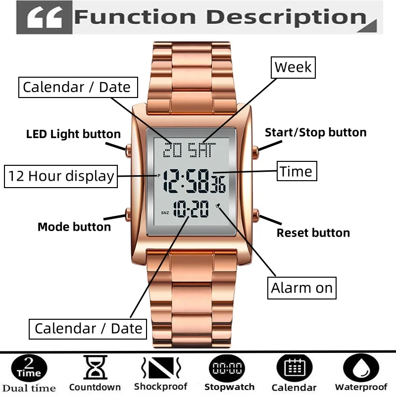 Skmei Mens Stopwatch Luxury Stainless Steel Strap 12 24 Hour Military Sports Dual Time LED Waterproof Digital Bracelet Watches