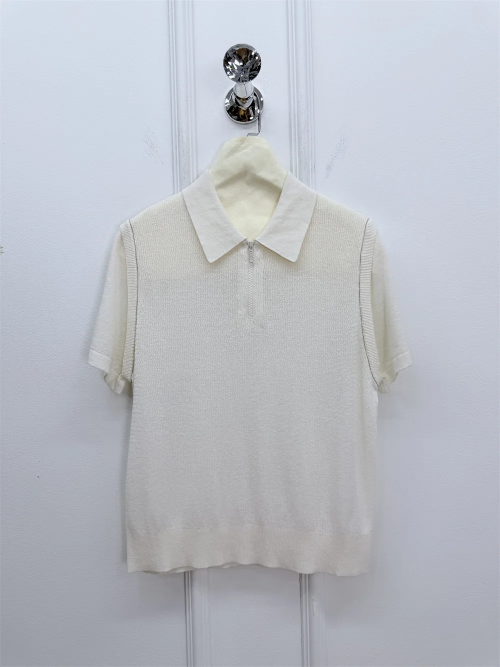 Summer Women's Knit Top Polo Shirt Beaded Short-Sleeve