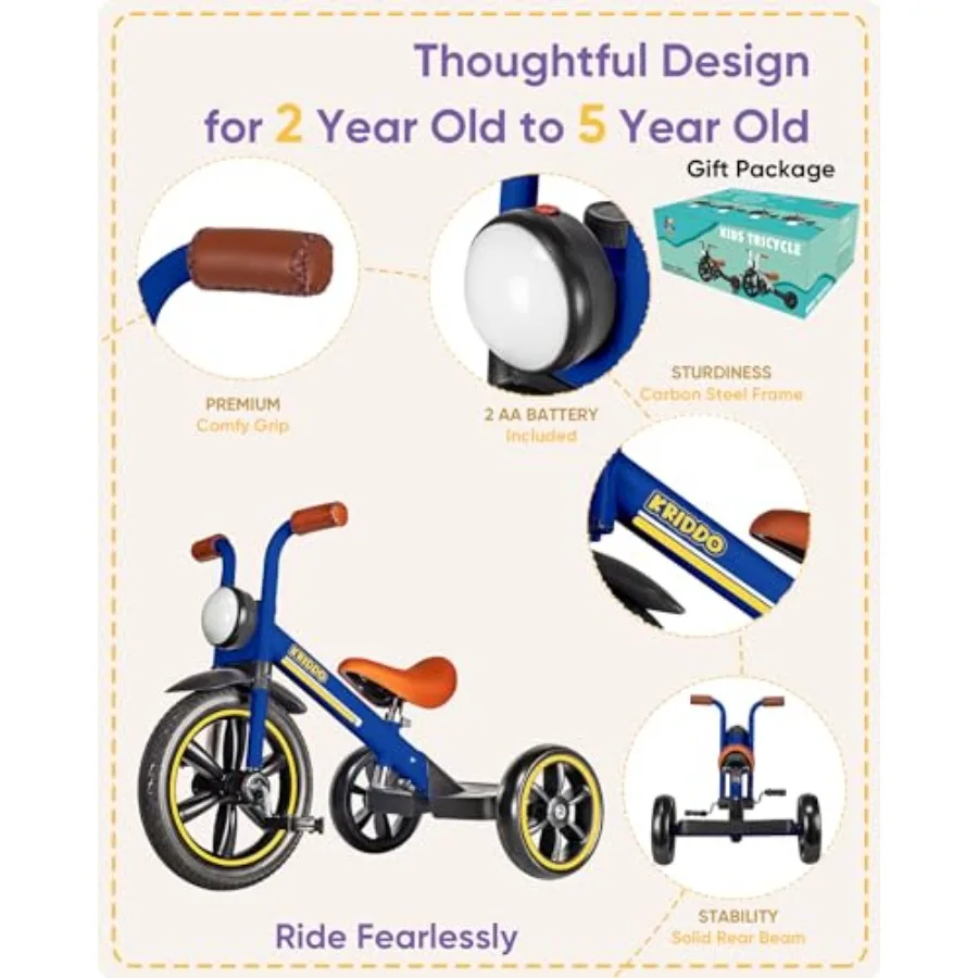 Tricycle à roue sans perforation de 12 pouces pour 2 à 5 ans avec éclairage avant et siège réglable bleu