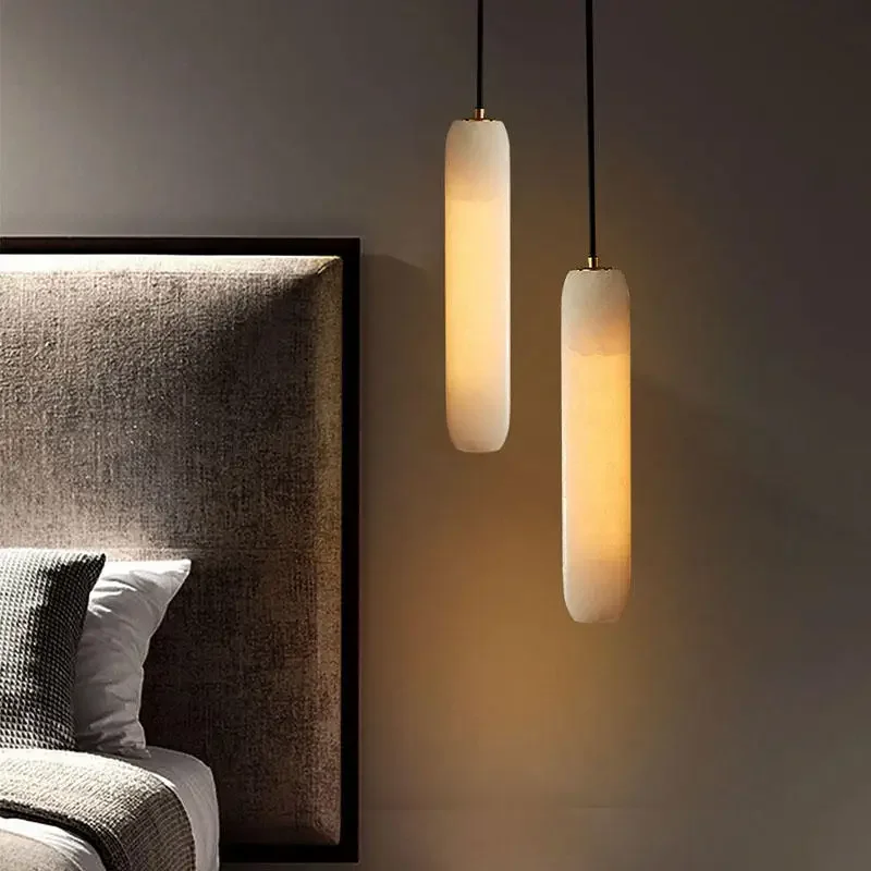 Modern Minimalist Living Room Bedroom Headboard All Copper Adjustable Long Wire Lamp Spanish Marble Chandelier