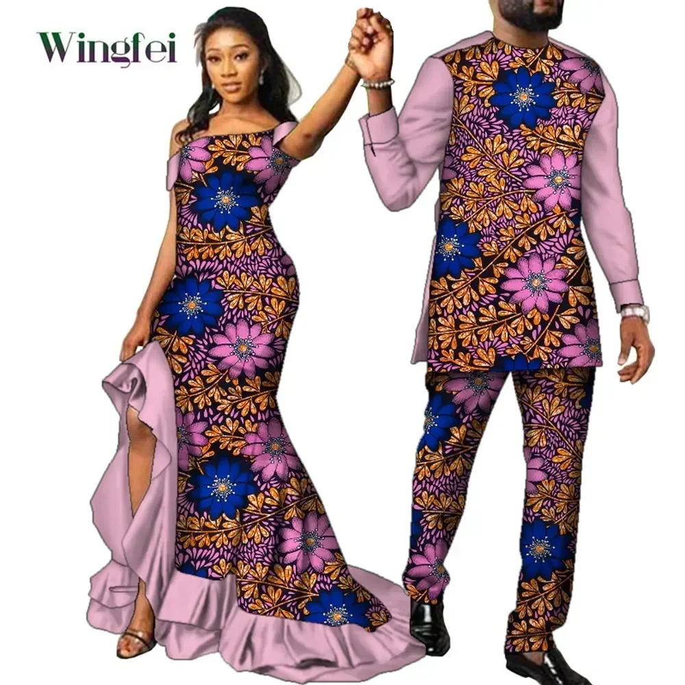 Fashion Couple Clothes African Ankara Print Women Maxi Long Dresses and Men Dashiki Suit African Clothes Lovers Outfit WYQ567