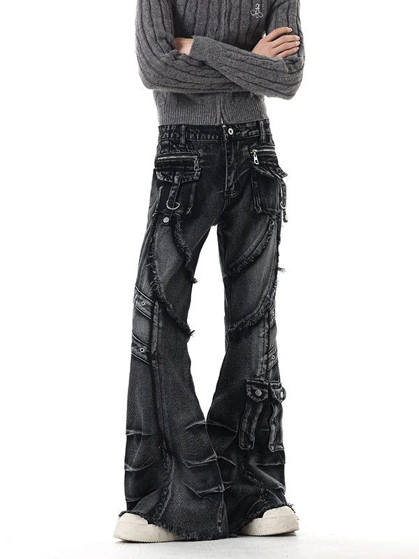 

Heavy Industry Wide Leg Jeans Men's Trendy Brand Design Deconstructed Frayed Straight Leg American Style Floor-Length Pants