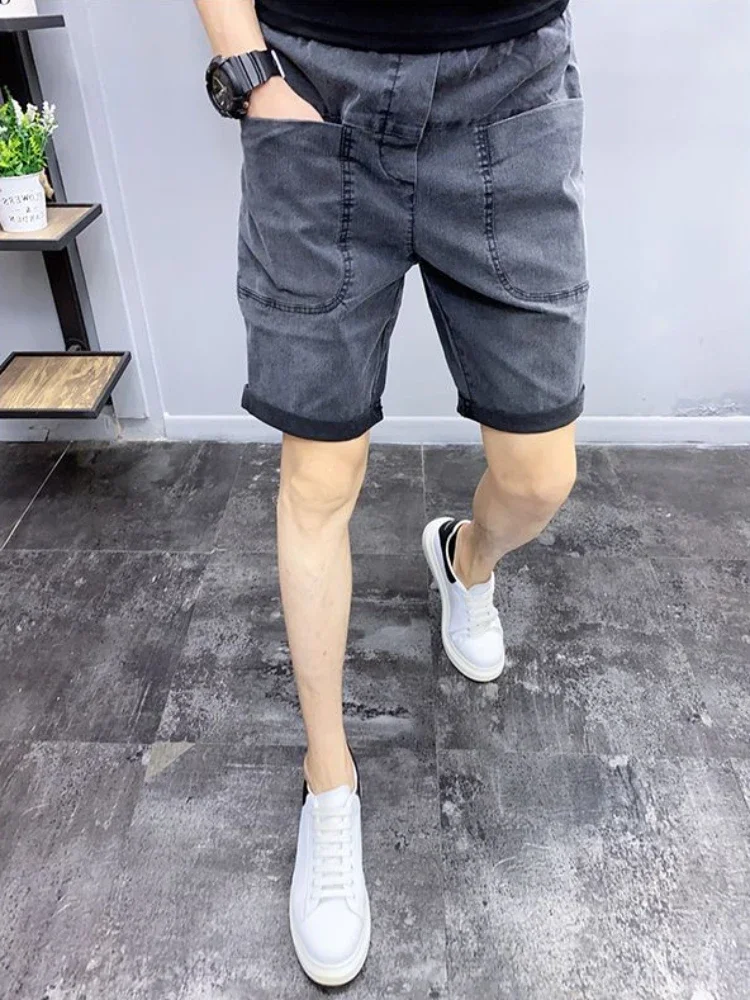 Men's Short Jeans Pants Stretch With Pockets Gray Male Denim Shorts Designer Vintage Trend 2024 Summer Sale Harajuku Thin